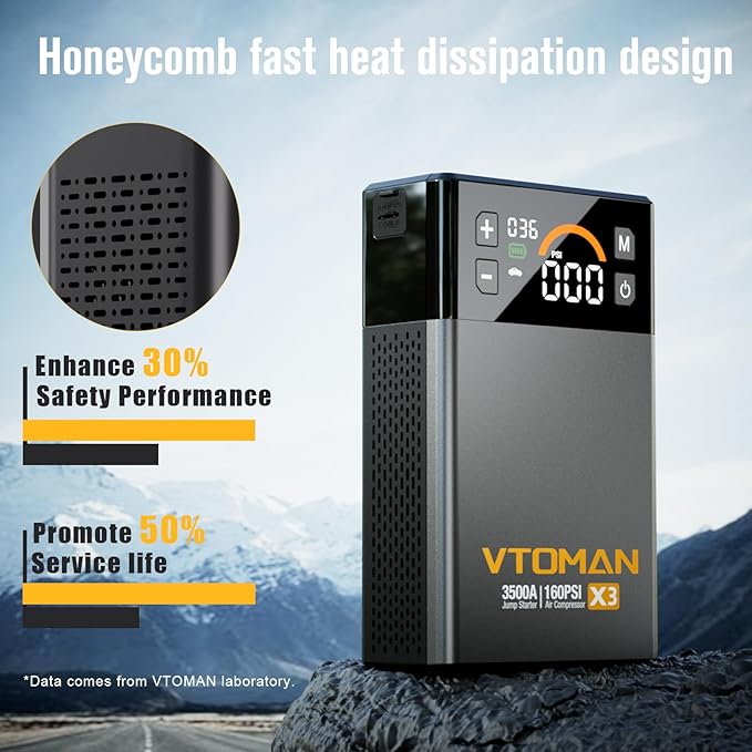 VTOMAN X3 Jump Starter with Air Compressor, 3500A Portable Car Battery Jumper Starter (9L Gas/8.5L Diesel Engines) with 160PSI Auto-Shutoff Tire Inflator, 12V Lithium Battery Booster Pack, Jump Box