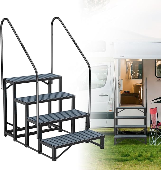 Rv Steps with Handrail 4 Step,Hot Tub Steps with Anti-Slip Mats,Heavy Duty Metal Mobile Home Stairs,Camper Steps for Travel Trailer,Portable Step Ladder for Spa,Pool and Porch