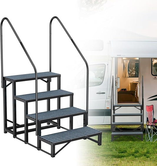 Rv Steps with Handrail 4 Step,Hot Tub Steps with Anti-Slip Mats,Heavy Duty Metal Mobile Home Stairs,Camper Steps for Travel Trailer,Portable Step Ladder for Spa,Pool and Porch