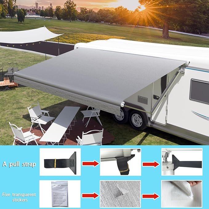RV Awning Fabric Replacement,Camper Trailer Motorized Awning Replacement for Motorhome,Heavy Duty Weatherproof 18.5oz Outdoor Vinyl RV Canopy 14'(Fabric 13'2") Grey Fade