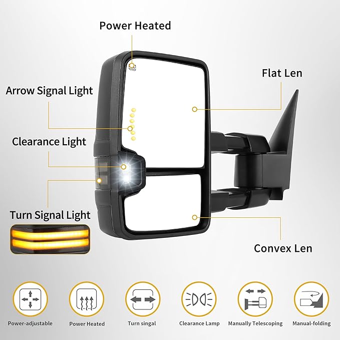 DWVO Towing Mirrors Compatible with 03-06 Silverado Sierra 1500 2500 HD 3500 Escalade Suburban Tahoe Yukon, Turn Light Running Lights Power Heated Manually Folding Switchback