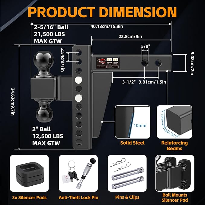 Adjustable Trailer Hitch -Drop Hitch (Fits 2-Inch Receiver) -8" Drop/Rise Tow Hitch, 2" & 2-5/16" Ball Hitches for Trucks -21,500 GTW Hitch Ball Mount with Anti-Theft Locking Hitch Pins