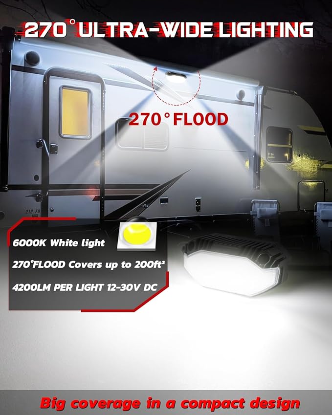RV LED Porch Lights Exterior, 12V 4200LM 5 Inch RV Outdoor Lights Aluminum IP68 Waterproof LED Scene Cargo Lighting for RVs Trailer Travel Camper 5th Wheels Motorhome UTV SUV Truck - Black
