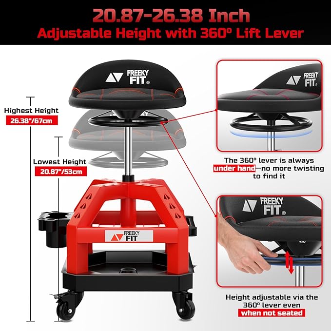 Rolling Shop Stool for Garage with Casters, DO02-Adjustable Height 360° Swivel Shop Seat with Tool Tray Storage, 330 LBS Capacity Padded Mechanic Stool, Magnetic Tool Hold, Heavy Duty, Red