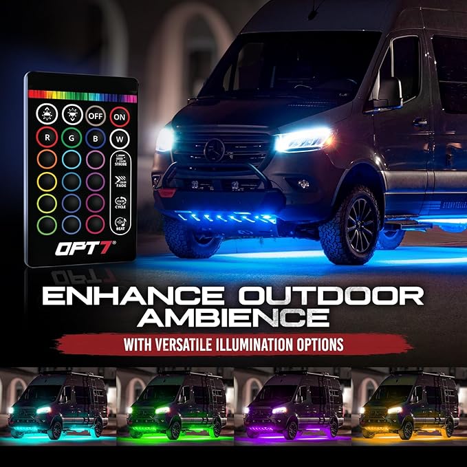 OPT7 Aura Aluminum Underglow for RV Exterior Lights w/Remote Control, 12V LED Waterproof Light Bars, Camper Van Neon Underbody Music Lighting Kit, RGB Multicolor Motorhome Travel Trailer Decoration