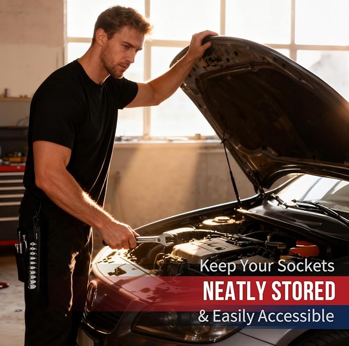 10PCS 1/4” Drive Standard Socket Set with Organizer Holder, Metric (4-13mm) 6 Point CR-V Steel Shallow Socket Set with Quick-Lock & Hanging Bracket for DIY, Repair & Mechanics