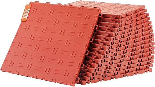 VEVOR Interlocking Floor Covering Tiles, 12 x 12 x 0.53 inch, 25 Pack, Non-Slip Double-Sided Texture, for Garages, Basements, Repair Shops, Red
