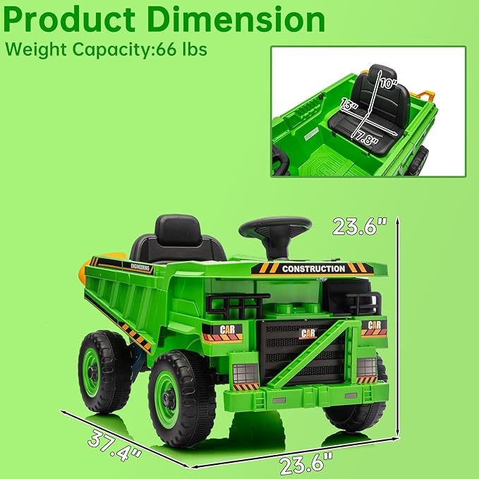 12V Ride On Construction Truck, Battery Powered Ride On Car with Remote Control, Kids Electric Vehicle with Shovel, Speaker, Green