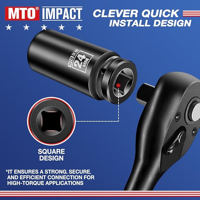 MTO 1/2" Drive 24mm Deep Impact Socket, 6 Pt. Metric Socket, CR-MO Steel & Anti-Corrosion Coating for Heavy-Duty Use