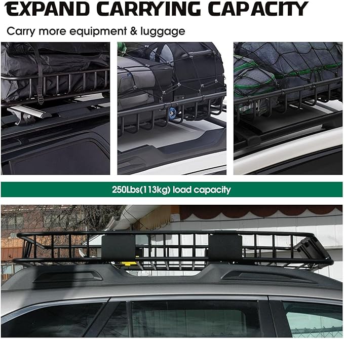 FORWODE 250LBS Universal Roof Rack Basket, 64"x39"x6" Rooftop Cargo Carrier Rack + Waterproof Cargo Bag 15 Cubic Feet(43"x34"x17")