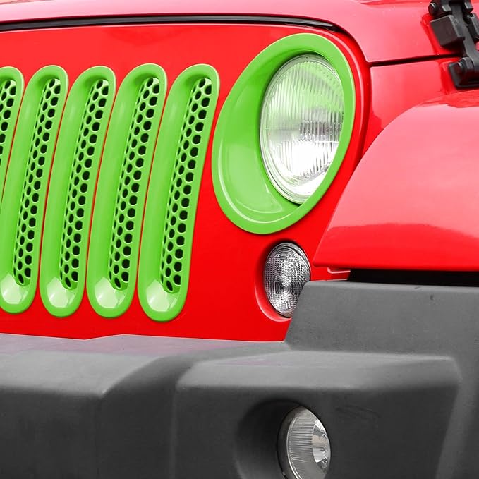 Mesh Grille Grill Insert+Headlight Turn Light Cover Trim Fit for 2007-2018 Jeep Wrangler JK JKU(Green)