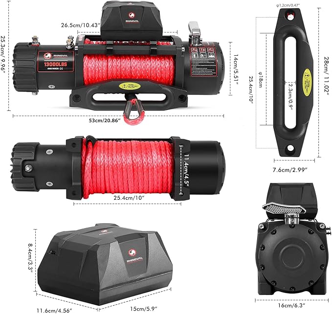 13000lb Electric Winch, Synthetic Rope, Battery Disconnect Switch, Low Profile Control Box, 12V, IP67 Waterproof, Wireless Remote, for Offroad Recovery SUV, Truck, Boat Trailers, Flatbeds