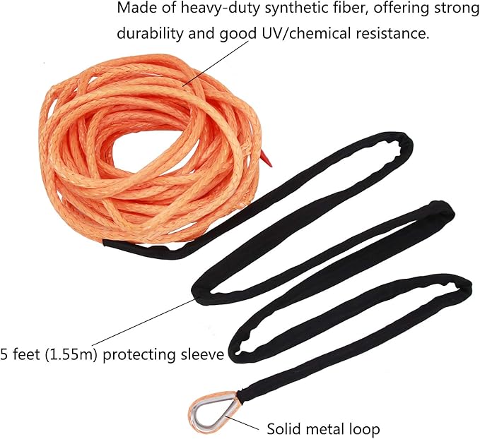 Ucreative 3/16 Inch x 50 Feet Synthetic Winch Line Cable Rope 8,350LBs with Black Protecing Sleeve for ATV UTV (Orange)