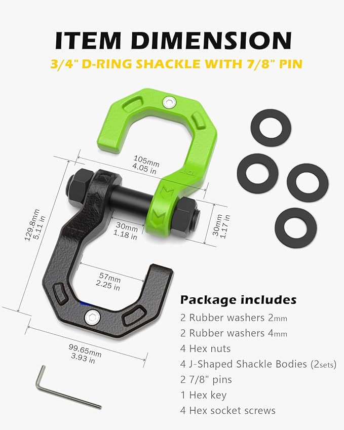 Separate D-Ring Shackles, 2Pack, 3/4" Separate D-Ring Shackles 7/8" Pin, 57320lbs Breaking Strength, Heavy Duty Forged Steel, D-Ring Towing Winch Shackle for Recovery, 4x4 Off-Road, Black Green