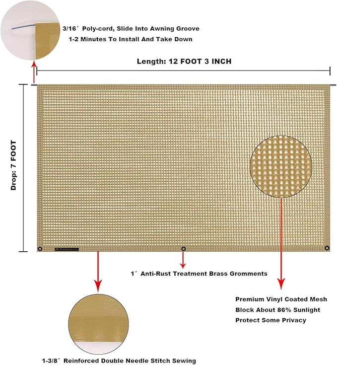 Tentproinc RV Awning Sun Shade Screen 7' X 12' 3'' (fit for 13' Awning) Mesh Sunshade for RV Awning Shadescreen Camper Trailer Awning Sunscreen Screenshade Block UV Glare - 3 Year Warranty (Beige)