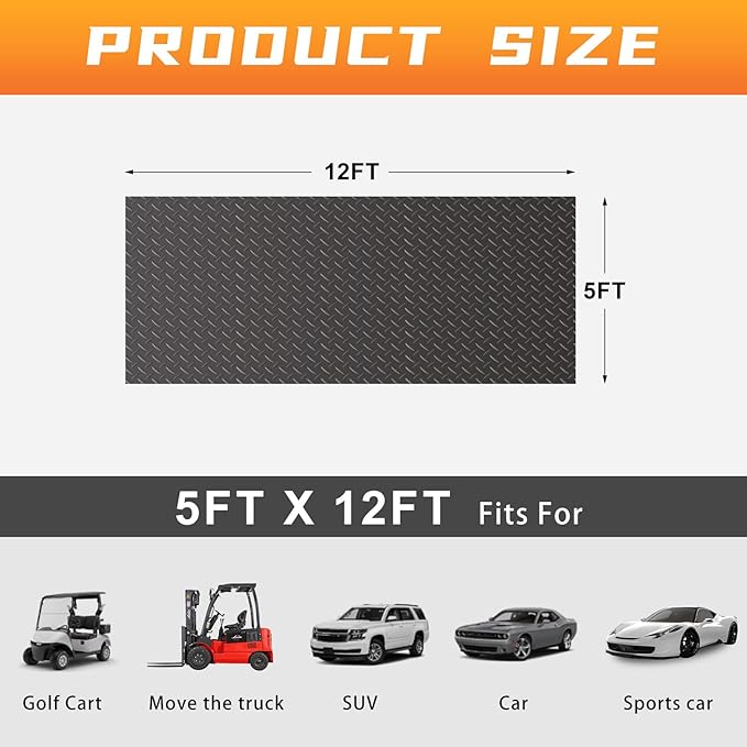 Boshen 5x12FT Garage Floor Mat, 2.5mm Thickened Diamond Plate PVC Rubber & Vinyl Flooring Roll, 60 SQFT Non-Slip Rubber Garage Mat for Floor Under Car Protection - Grey