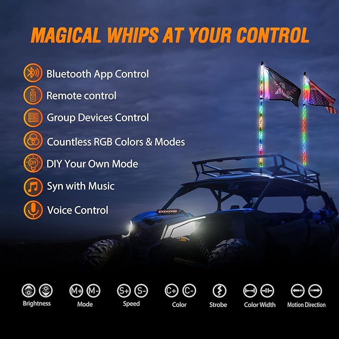Nilight 2PCS 3FT RGB LED Whip Light, Remote App Control w/DIY Chasing Patterns Stop Turn Reverse Lighting Modes Safety Lighted Antenna for ATV UTV Polaris RZR Can-am Dune Buggy Jeep