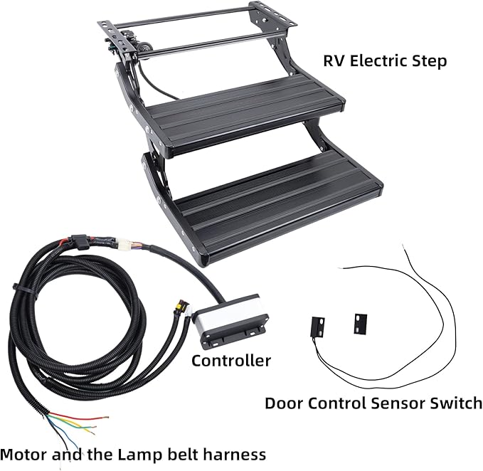 Electric RV Steps with LED Light, 2-Steps, 400 LBS Load Capacity, Foldable Aluminum Alloy Camper Steps, Thickened Steel Plate Trailer Steps, Non-Slip Design, Ideal for RV, Trailer, Camper, Black