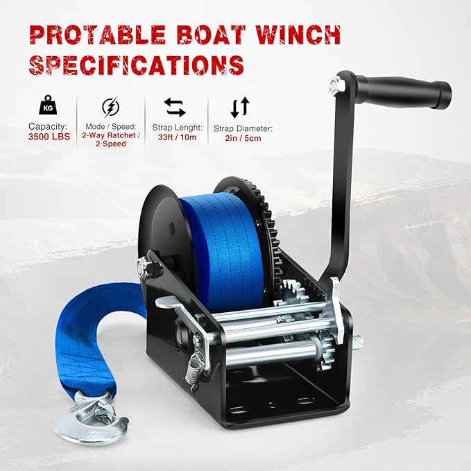 Nilight Boat Trailer Winch 3500 LBS Hand Crank Winch Heavy Duty Boat Winches with 33 FT Blue Strap Rope Hook Two Way Ratchet 4:1 8:1 Gear Portable Marine Manual Winch for Trailers Boat RV ATV Towing