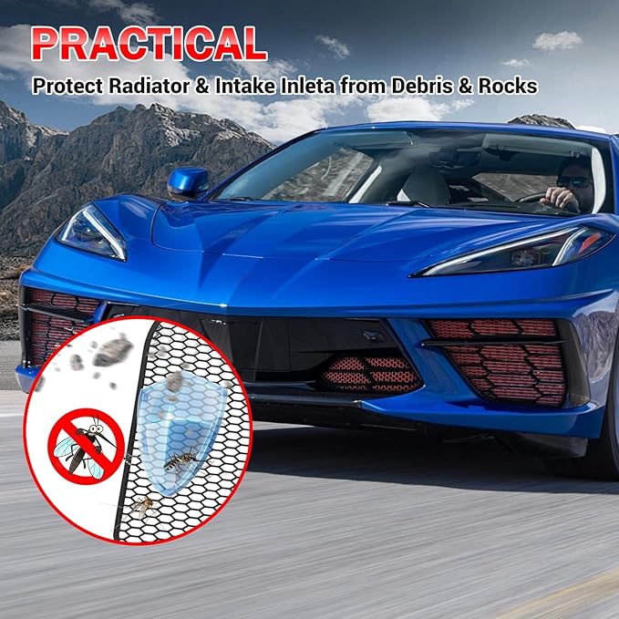 4Pcs Black Upgraded Front Outer & Inner Radiator Guard,Body Bumper OEM Style Front Outer Grill Guard Car Grille Vents Insert Mesh Set for Corvette C8 Stingray Z51 Convertible/HTC 2020-2025