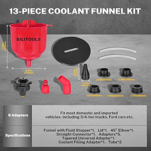 BILITOOLS No-Spill Coolant Funnel Kit - 13PCS Universal Radiator Coolant Filling Funnel Kit with 6 Adapters Fit Most Cars, Thickened Set for Automotive Use|Air Bleeding, Drip-Free