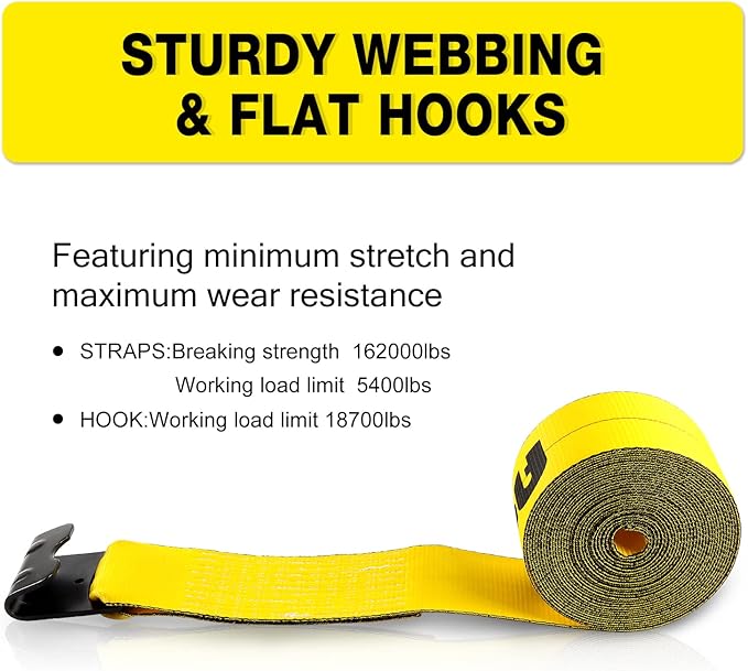 4" x30' Winch Straps with Flat Hook Flatbed Tie Downs Truck Straps 5,400lbs Load Capacity Cargo Control for Flatbeds, Trucks, Trailers, Farms, Rescues, Tree Saver, Yellow(4 Pack)