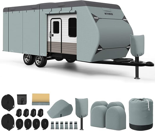 Kohree Travel Trailer Cover 22-24 ft with 8 Enlarged Vents, Sturdy & Waterproof & Anti-UV RV Camper Cover Kit with Front & Back Sign for All Weather Protection