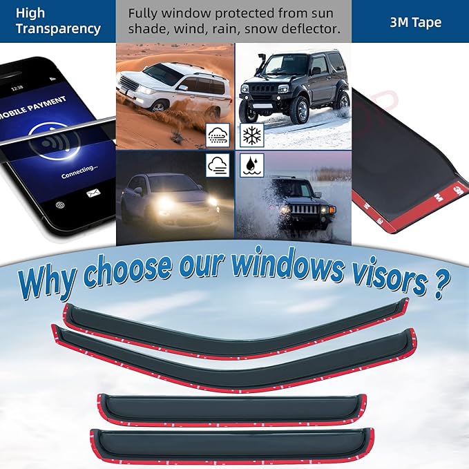 Set of 4 Front+Rear Smoke Sun/Rain Guard Wind Deflector Outside Mount Tape-On Acrylic Window Visors Compatible With 99-16 F250/F350/F450/F550 Super Duty Supercrew/Crew Cab With 4 Full Size Doors