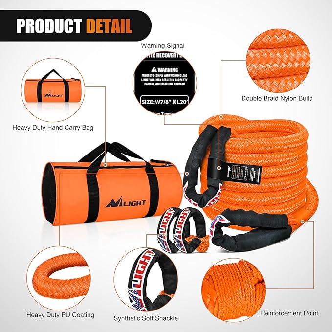 Nilight Kinetic Recovery Tow Rope 7/8" x 20ft (28,600LBS) with 2 Soft Shackle 1/2" x 24" Snatch Strap Heavy Duty Offroad Towing Strap kit for UTV ATV SUV Truck Car Jeep Tractor