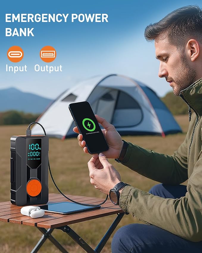 Jump Starter with Air Compressor, Car Battery Jump Starter (8.0 Gas/7.0L Diesel), Battery Jumper Starter Portable Jump Box, 12V Portable Car Jump Starter with Tire Inflator, LED Light