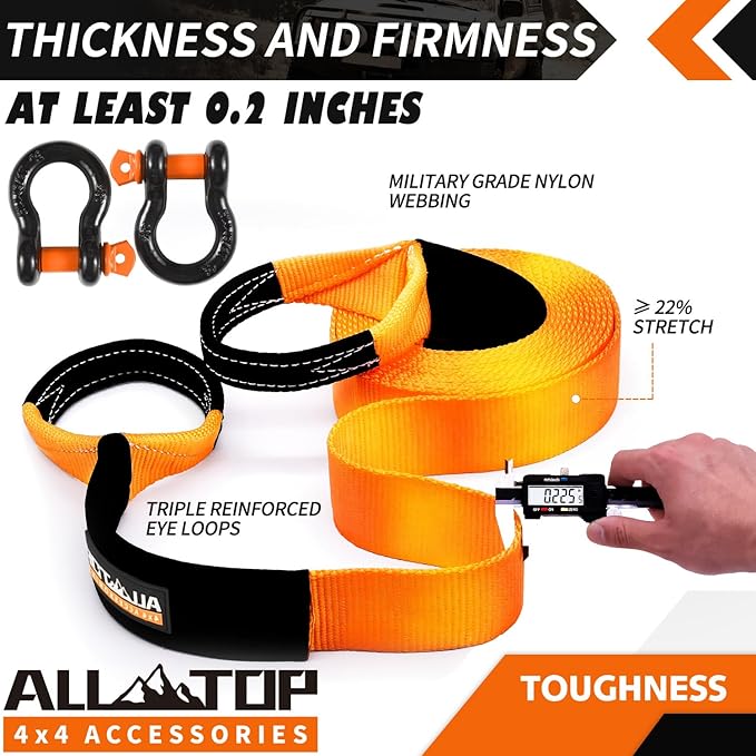ALL-TOP Extreme Duty Tow Strap Recovery Kit: 4inch x 20ft (46,500lbs) 100% Nylon and 22% Elongation Snatch Strap + 3/4 Heavy Duty D Ring Shackles (2pcs) + Storage Bag