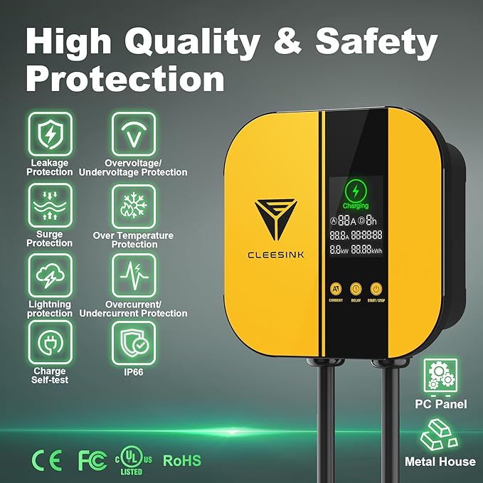 CLEESINK Level 2 EV Charger, 40A 240V Indoor/Outdoor Electric Vehicle Charging Station, NEMA 14-50, 23ft Cable UL Listed Home Electric Car Universal Wall Charger EVSE, Settable Amps & Time, Yellow