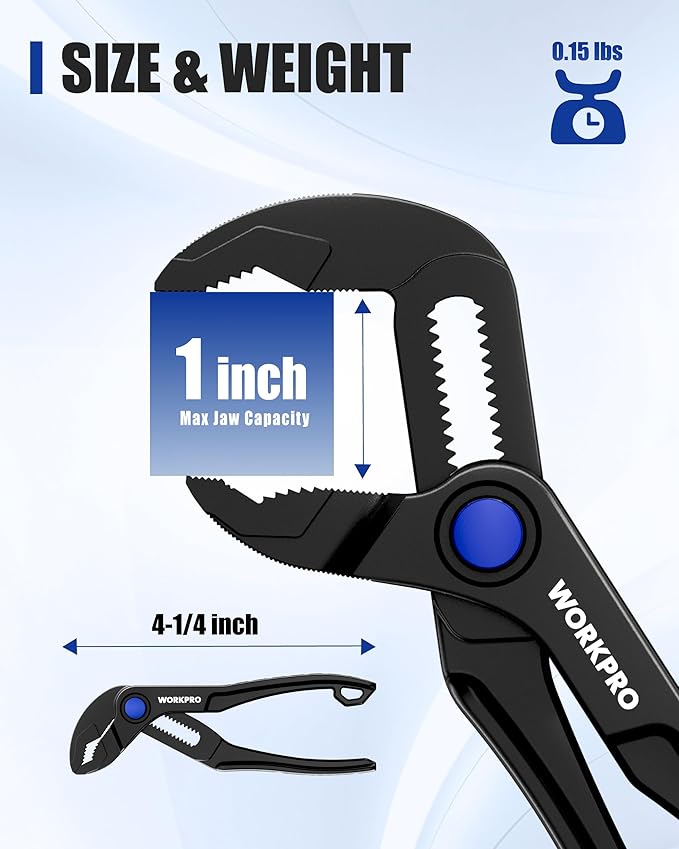 WORKPRO Mini Water Pump Pliers, 4-Inch Groove Joint Pliers, Fast Adjustable Tongue and Groove Pliers with 15-Position Push-Lock, V-Jaw for Multi-Surface Grip, Ideal for Tight Spaces and Versatile Use