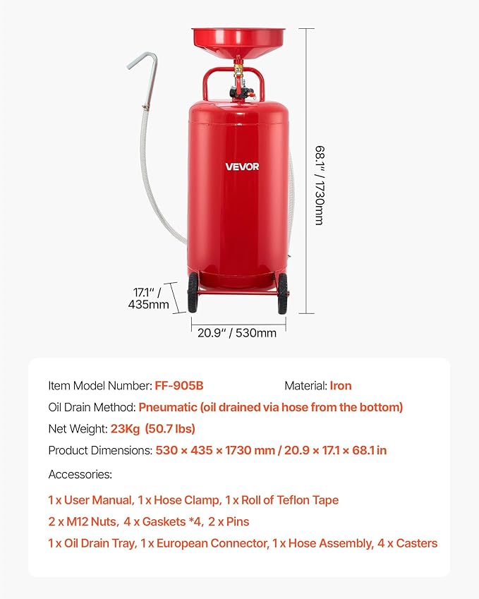 VEVOR 25 Gallon Waste Oil Drain Tank, Air Operated Portable Oil Drainer with Adjustable Funnel Height, Industrial Fluid Drain Tank with Wheels, Fluid Fuel Transfer Drainage for Auto Repair Shops, Red