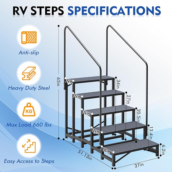 5-Step RV Steps with Dual Handrails, Heavy-Duty Mobile Home Steps, 660 lbs Load Capacity, RV Stairs for Camper, Hot Tub, Trailer & Porch with Non-Slip Mats