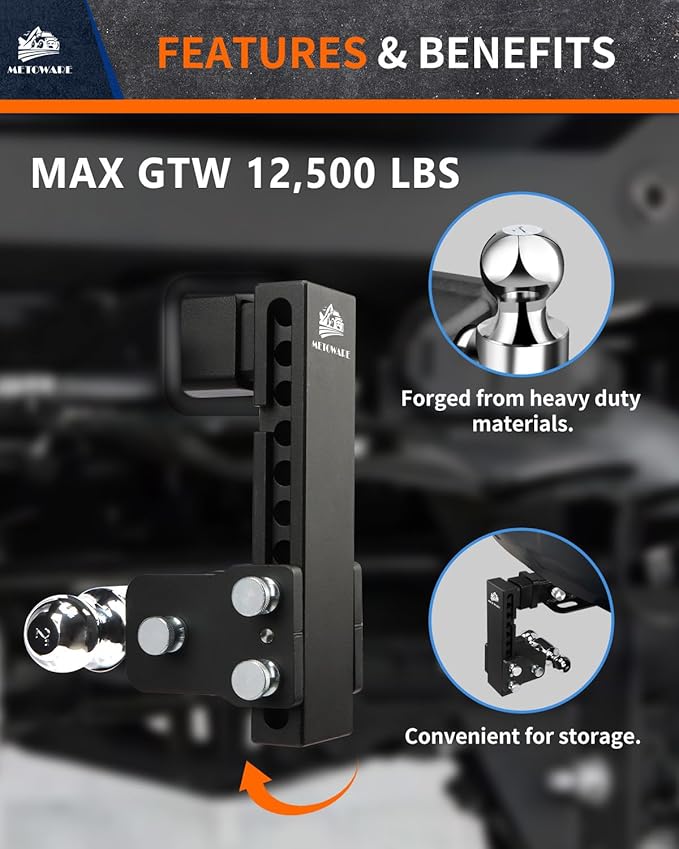 METOWARE Adjustable Trailer Hitches Fits 2-Inch Receiver - Adjustable Ball Mount with 8-Inch Drop/Rise (12,500 LBS GTW) - Dual Ball (2'' x 2-5/16'') and Anti-Theft Stainless Steel Trailer Lock