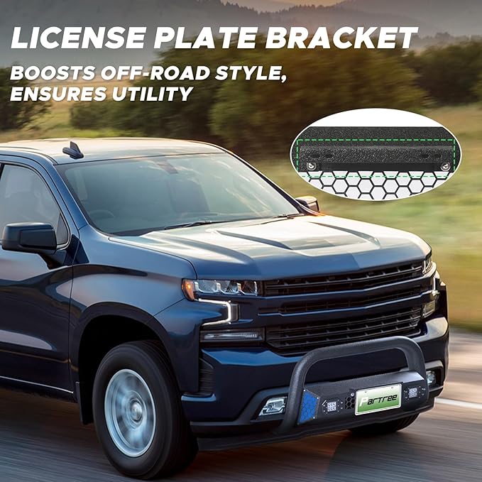 Bull Bar Fit for Chevy Silverado 1500/GMC Sierra 1500 2019-2025 with LED Light & w/License Plate Bracket DIY Paintable Truck Front Bumper Brush Push Bar Front Grille Guard Protector