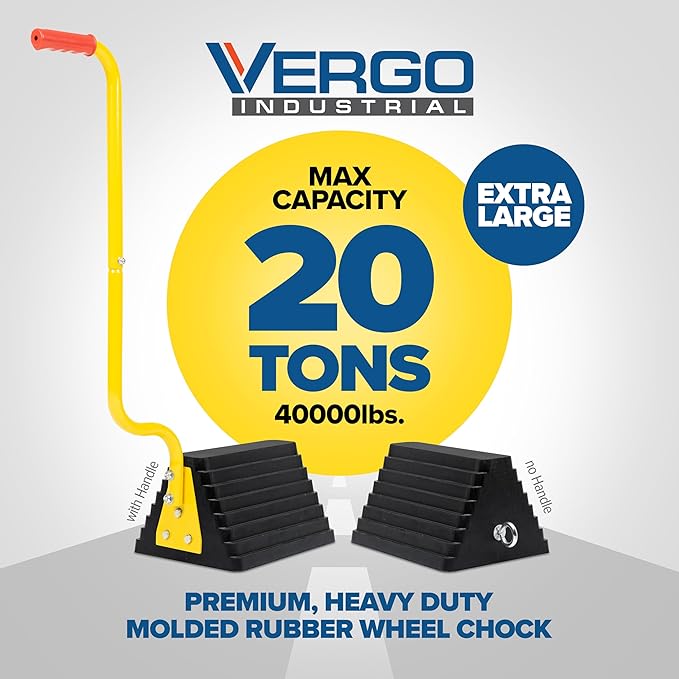 Vergo Industrial Extra Large Wheel Chock with Handle - Heavy Duty Molded Rubber XL Wheel Chock for Trucks, Trailers, RVs or Large Freight Equipment - Max Weight Capacity 20 Tons / 40,000 lbs