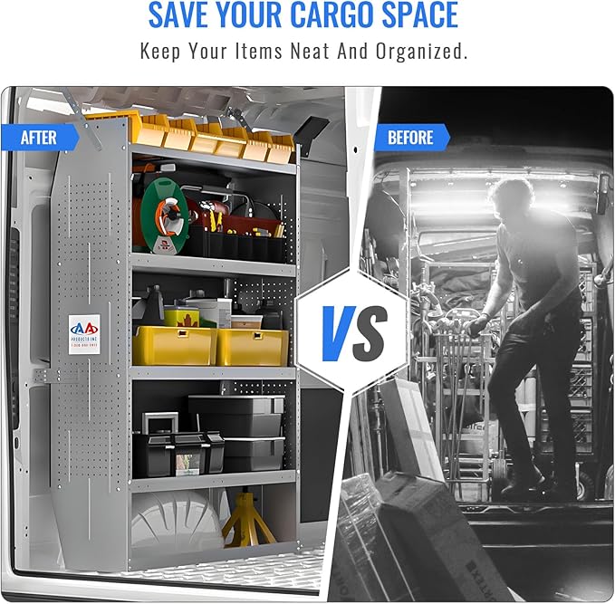 AA Products SH-6004(2) Steel Mid/High Roof Van Shelving Storage System Fits Transit, NV, Promaster and Sprinter, Set of 2 Van Shelving Units, 42''W x 60''H x 13''D