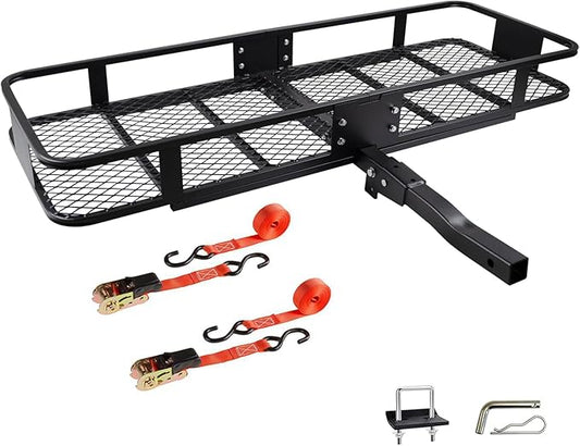 Folding Hitch Mount Cargo Carrier Basket 60x20x6” Rear Luggage Rack Basket,500LBS Capacity, Hitch Mount for 2" Receivers, Powder Coating, Heavy Duty, Durable, Easy Assembly, Straps Stabilizer