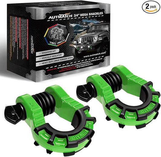 AUTMATCH D Ring Shackles 3/4" Mega Shackle (2 Pack) 68,000Ibs Break Strength - Heavy Duty Clevis Shackles with 7/8" Screw Pin and Isolator Washer for Tow Strap Winch Off Road Vehicle Recovery, Green