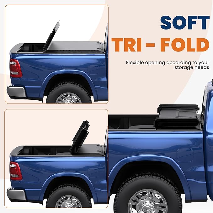 Soft Tri 5.8FT Tonneau Cover Compatible for 2009-2025 Dodge Ram 1500 Fleetside (Classic & New Body) W/o Ram Box Truck Bed
