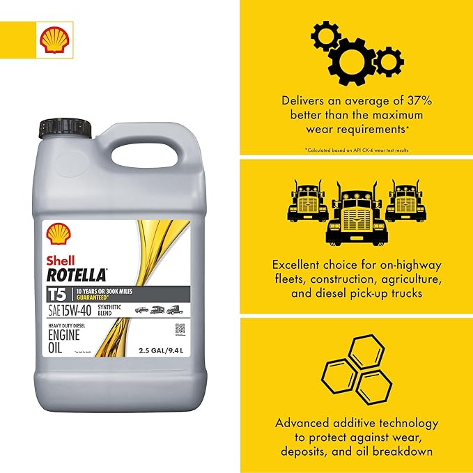 Shell Rotella 550046213-2PK T5 Synthetic Blend 15W-40 Diesel Engine Oil (2.5 Gallon, Case of 2)