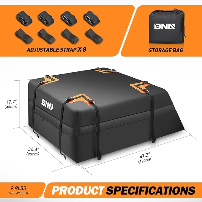 DNA Motoring Car Rooftop Waterproof Bag, 17.6 Cubic Feet Waterproof Car Roof Luggage Bag, Heavy Duty Car Roof Cargo Carrier Bag, Car Roof Bag, w/ 8 Reinforced Straps, TOOLS-00423