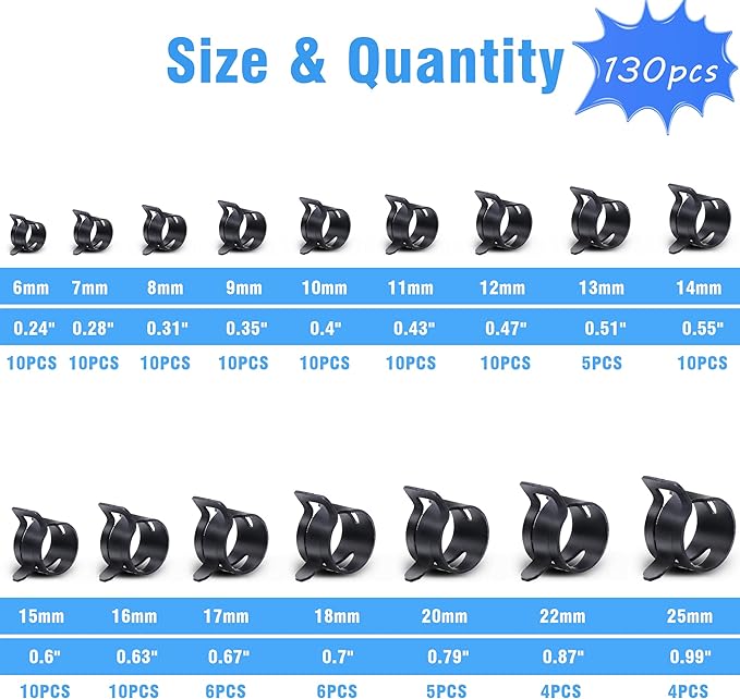 130Pcs 6-25mm Spring Band Hose Clamps With Swivel Flat Hose Clamp Plier Assortment Kit, Constant Tension Steel Clamps for Fuel Lines, Silicone, Vacuum Hoses & Low-Pressure Air Clips By PEROMI