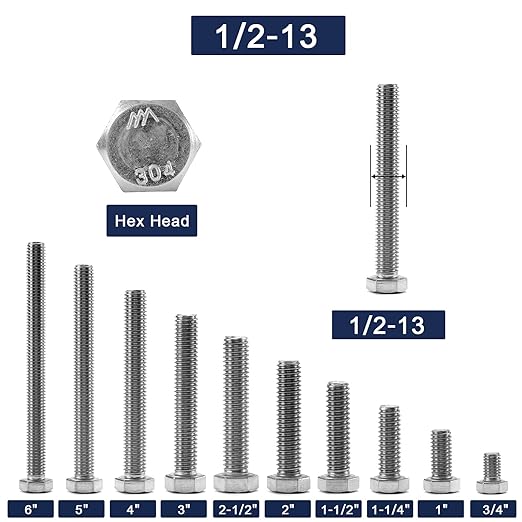 1/2-13 x 1 Hex Head Screw Bolt, 20Pcs 18-8 (304) Stainless Steel, Fully Threaded, Plain Finish, by SG TZH