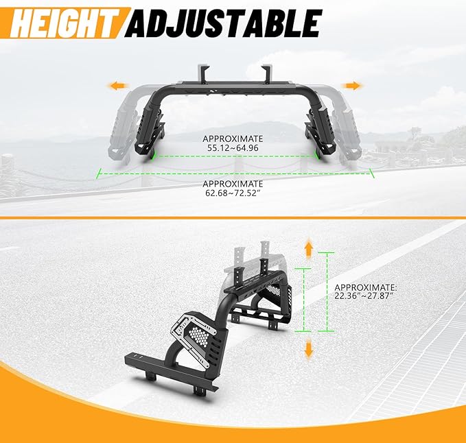 Universal Adjustable Bed Rack Roll Bar for Pickup Trucks - Compatible with Mid-Size& Full-Size Models, Q235A Carbon Steel, Powder-Coated Black Finish, Multiple Mounting Options Available