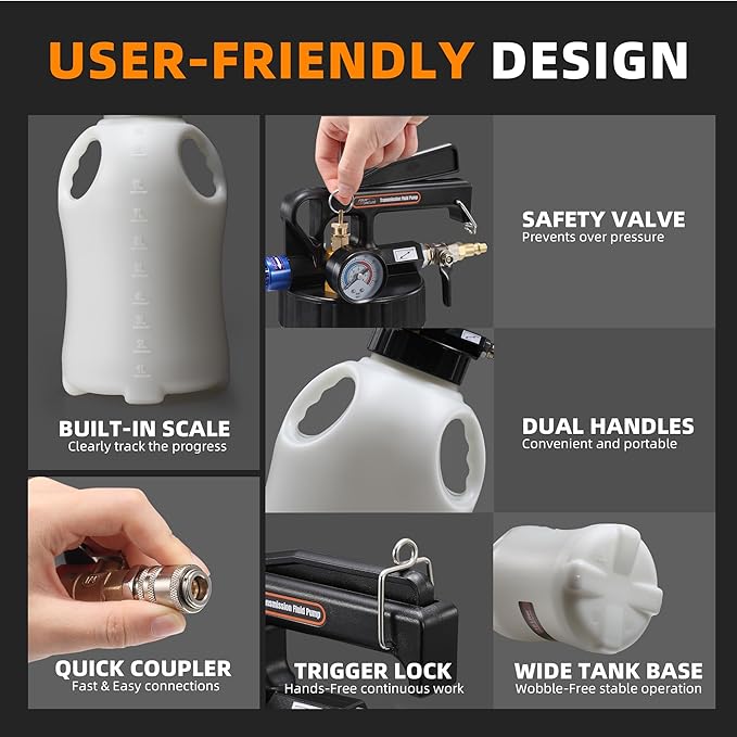 FOUR UNCLES 10L Transmission Fluid Pump - Pneumatic Transmission Fluid Extractor and Dispenser with 15 Metal ATF Adapters and Pressure Gauge for Automotive Use, Transmission Fluid Transfer Pump Kit