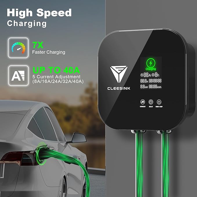 CLEESINK Level 2 EV Charger, 40A 240V Indoor/Outdoor Electric Vehicle Charging Station, NEMA 14-50, 23ft Cable UL Listed Home Electric Car Universal Wall Charger EVSE, Settable Amps & Time, Black