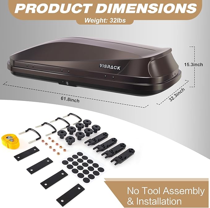 Rooftop Cargo Box Carrier Large 14 Cubic Feet Car Top Mount Travel Luggage Storage, Dual Side Opening, Heavy Duty Waterproof Rooftop Storage Box Extra Keys, Straps (Brown)